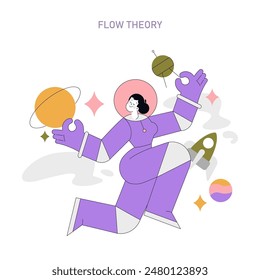 Positive Psychology concept. Illustration of a person in a state of flow amidst abstract space elements. Capturing creativity and mental focus. Vector illustration.