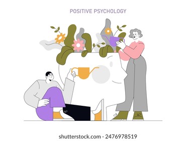 Positive psychology concept. Two people cultivating wellbeing, sharing a moment of joy and mental health care. Vector illustration.