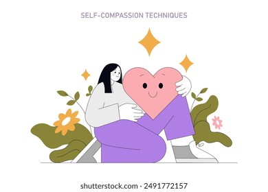 Concepto de psicología positiva. Una mujer que abraza un corazón alegre representa amor propio y bienestar emocional. Crecimiento personal y salud mental. Ilustración vectorial.