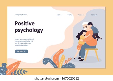 Positive psychology landing page template. Cute grandfather hugs with granddaughter and grandson. Family portrait. Childhood concept banner. Trendy style vector illustration