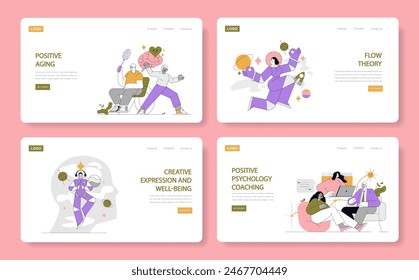 Positive Psychology set. Four concepts of well-being and self-improvement strategies. Personal growth through creative expression and coaching. Vector illustration.