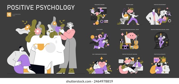 Positive Psychology set. Illustrates wellness practices from self-care to therapy. Mental health growth, joyful aging, and relationships. Vector illustration.