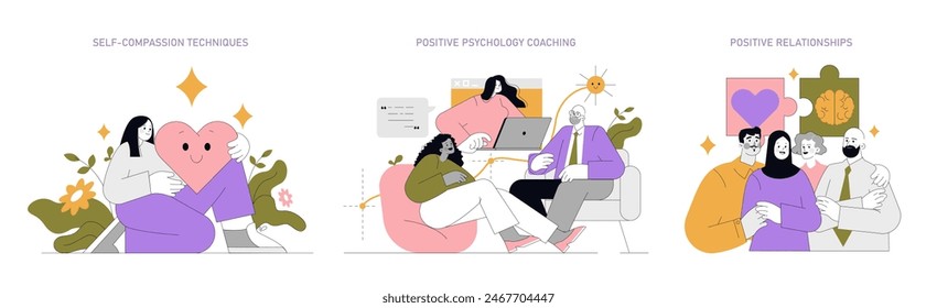 Positive psychology set. Illustrating self-compassion, coaching, and nurturing relationships. Personal growth and mental well-being concepts. Vector illustration.