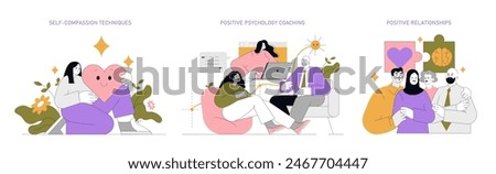 Positive psychology set. Illustrating self-compassion, coaching, and nurturing relationships. Personal growth and mental well-being concepts. Vector illustration.