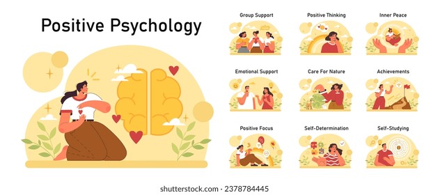 Positive psychology set. Positive thinking and attitude. Optimistic mindset, self acceptance and well-being. Young woman working on her mental health. Flat vector illustration