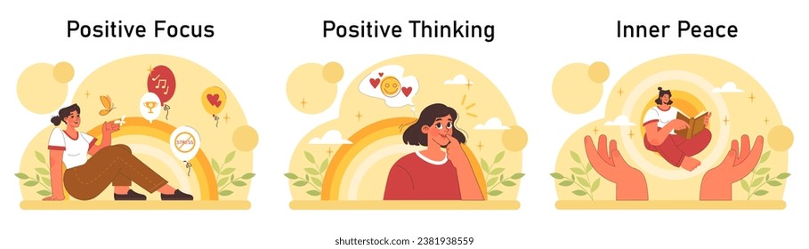 Positive psychology set. Positive thinking and attitude. Optimistic mindset, self acceptance and well-being. Young woman working on her mental health. Flat vector illustration