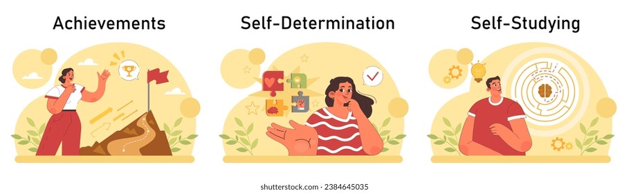 Positive psychology set. Positive thinking and attitude. Optimistic mindset, self acceptance and well-being. Young woman working on her mental health. Flat vector illustration