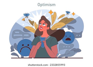 Positive psychology. Positive thinking and attitude. Optimistic mindset, self acceptance and well-being. Young woman optimistic point of view. Flat vector illustration