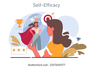 Positive psychology. Positive thinking and attitude. Optimistic mindset, self acceptance and well-being. Young woman self-efficacy, belief in a capacity to achieve the goals. Flat vector illustration