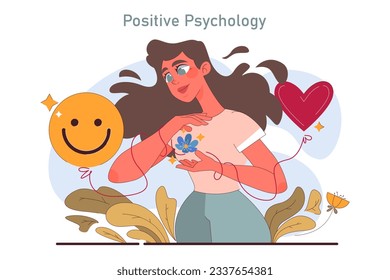 Positive psychology. Positive thinking and attitude. Optimistic mindset, self acceptance and well-being. Young woman working on her mental health. Flat vector illustration