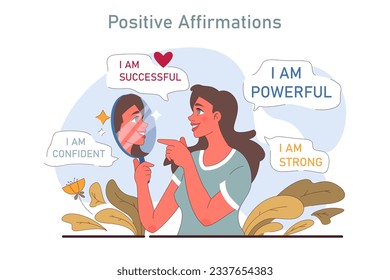 Positive psychology. Positive thinking and attitude. Optimistic mindset, self acceptance and well-being. Young woman working on her mental health with positive affirmations. Flat vector illustration