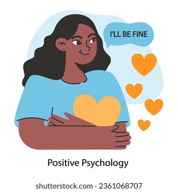 Positive psychology. Positive thinking and attitude. Optimistic mindset, self acceptance and well-being. Young woman working on her mental health. Flat vector illustration