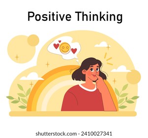 Positive psychology. Positive thinking and attitude. Optimistic mindset, self acceptance and well-being. Young woman working on her mental health. Flat vector illustration