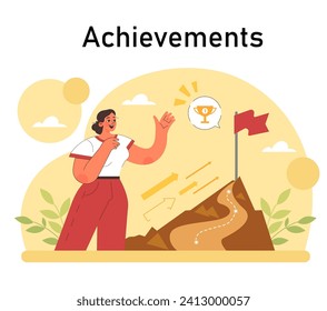 Positive psychology. Positive thinking and attitude. Optimistic mindset, self acceptance and well-being. Young woman working on her mental health. Flat vector illustration