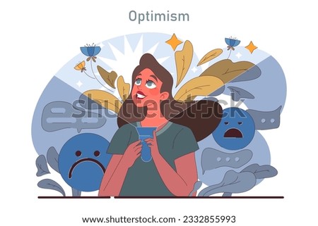 Positive psychology. Positive thinking and attitude. Optimistic mindset, self acceptance and well-being. Young woman optimistic point of view. Flat vector illustration