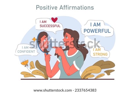 Positive psychology. Positive thinking and attitude. Optimistic mindset, self acceptance and well-being. Young woman working on her mental health with positive affirmations. Flat vector illustration