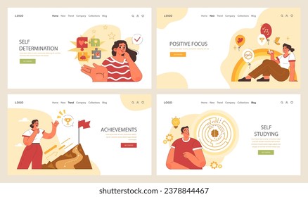 Positive psychology web banner or landing page set. Positive thinking and attitude. Optimistic mindset, self acceptance and well-being. Young woman working on mental health. Flat vector illustration