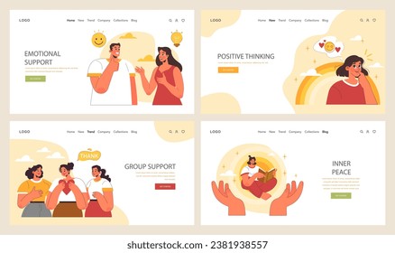 Positive psychology web banner or landing page set. Positive thinking and attitude. Optimistic mindset, self acceptance and well-being. Young woman working on mental health. Flat vector illustration