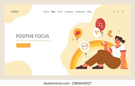Positive psychology web banner or landing page. Positive thinking and attitude. Optimistic mindset, self acceptance and well-being. Young woman working on her mental health. Flat vector illustration