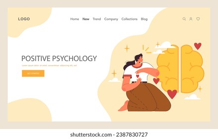 Positive psychology web banner or landing page. Positive thinking and attitude. Optimistic mindset, self acceptance and well-being. Young woman working on her mental health. Flat vector illustration