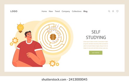 Positive psychology web banner or landing page. Positive thinking and attitude. Optimistic mindset, self acceptance and well-being. Young man working on her mental health. Flat vector illustration