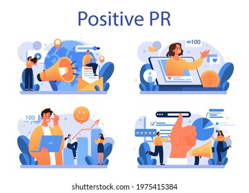 Positive public relations concept set. Successful brand advertising, building relationships with customer. Maintenance of the brand reputation. Flat vector illustration