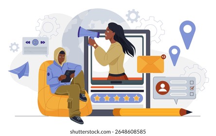 Relações públicas positivas. Homem com tablet olhando para mulher com alto-falante. Marketing e promoção corporativos. Estratégia de mídia empresarial. Ilustração de vetor plano