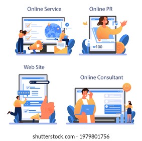 Positive public relations online service or platform set. Successful brand advertising, maintenance of the brand reputation. Online consultant, PR, website. Flat vector illustration