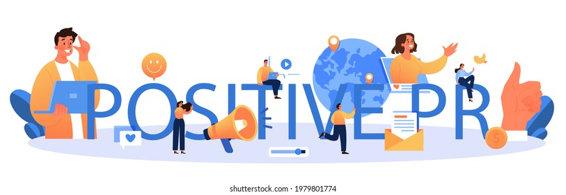Cabecera tipográfica positiva de relaciones públicas. Publicidad de marca exitosa, construyendo relaciones con el cliente. Mantenimiento de la reputación de la marca. Ilustración vectorial plana
