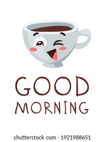Positive Quote about Coffee and Cartoon Emoji Cup. Hand drawn Vector Pattern Brochures and Lettering Text. Actual Artistic Design Flyers or Poster Cafe