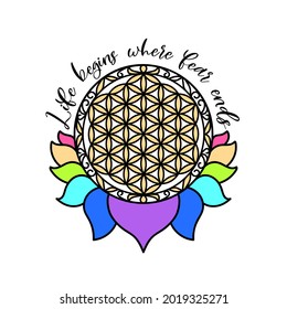 Positive quotes. Colorful flower of life with lotus petals, sacred geometry symbol. Yoga concept. Esoteric sign. Lotus flower esoteric icon, sacred spiritual symbol. Vector illustration.
