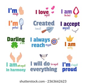 Positive quotes for self-love vector illustrations set. Collection of cartoon drawings with motivational happy text. Self-love, motivation, inspiration, lifestyle, positivity, happiness concept