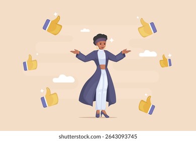 Concepto de recepción y Aprobación positiva: mujer con estilo rodeada de múltiples íconos de pulgares hacia arriba que significan Acuerdo y Asistencia.