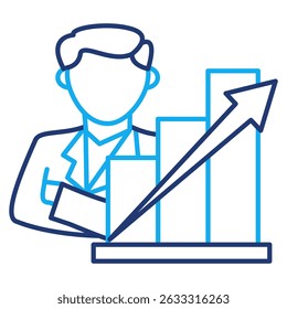 Positive Reinforcement icon represented by man, grow chart Dual Line style.