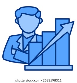 Positive Reinforcement icon represented by man, grow chart Blue style.