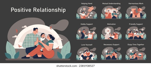 Positive relationships dark or night mode set. Loving family connection and friends support. Harmonious mutual communication. Warm relations between people. Flat vector illustration