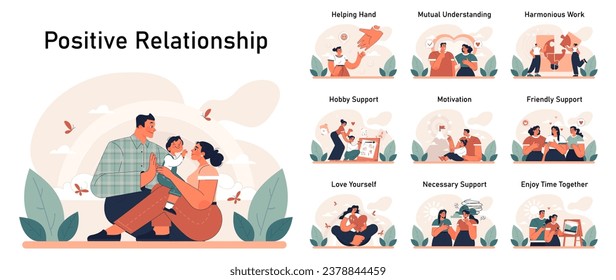 Positive relationships set. Loving family connection and friends support. Harmonious mutual communication. Warm relations between people. Flat vector illustration