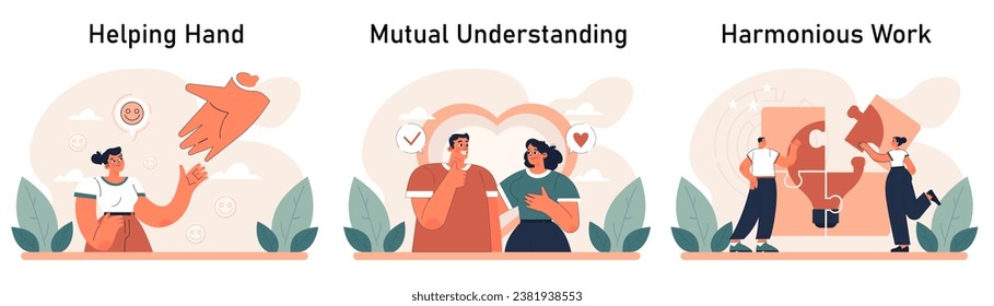 Positive relationships set. Loving family connection and friends support. Harmonious mutual communication. Warm relations between people. Flat vector illustration