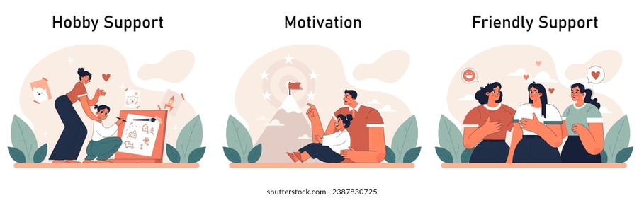Positive relationships set. Loving family connection and friends support. Harmonious mutual communication. Warm relations between people. Flat vector illustration