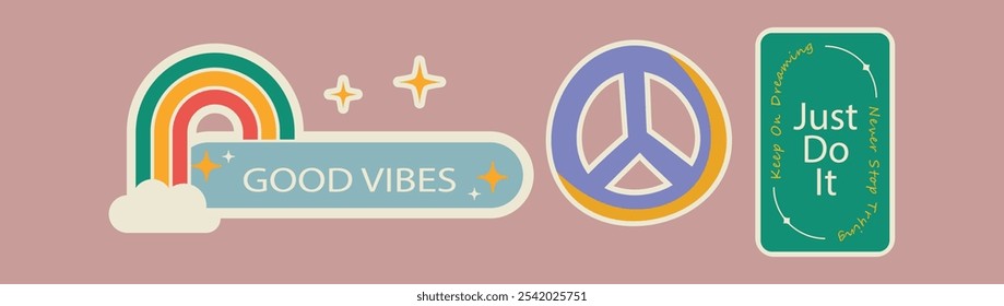 Positive Retro Sticker Vector Set with Good Vibes Rainbow, Peace Symbol, and Motivational Message for Inspirational and Vintage Designs

