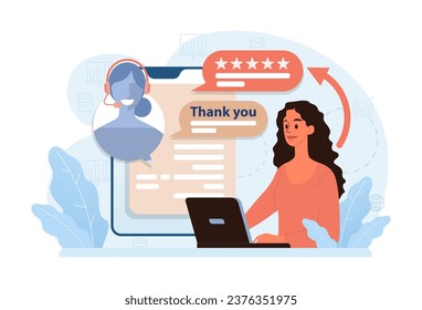 Positive review and customer gratitude. Grateful and thankful clients. People sharing five stars feedback in the Internet on social media or network. Online communication. Flat vector illustration