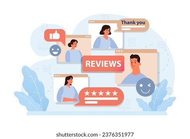 Positive review and customer gratitude. Grateful and thankful clients. People sharing five stars feedback in the Internet on social media or network. Online communication. Flat vector illustration