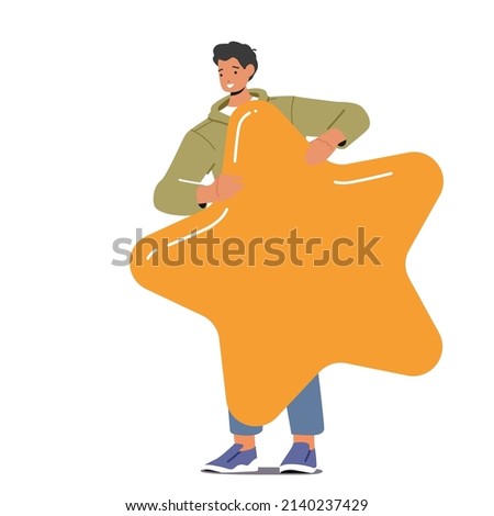 Positive Review, User Feedback, Rate. Cheerful Male Character Holding Huge Golden Star Isolated on White Background. Quality Ranking, Excellent Rating Score Concept. Cartoon People Vector Illustration