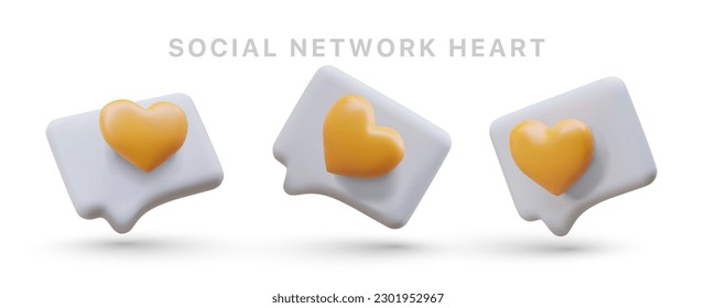 Positive reviews, comments. Likes from subscribers. 3D set of icons for social networks. Yellow hearts in speech bubbles. Sympathy in symbols. Three dimensional illustration in cartoon style