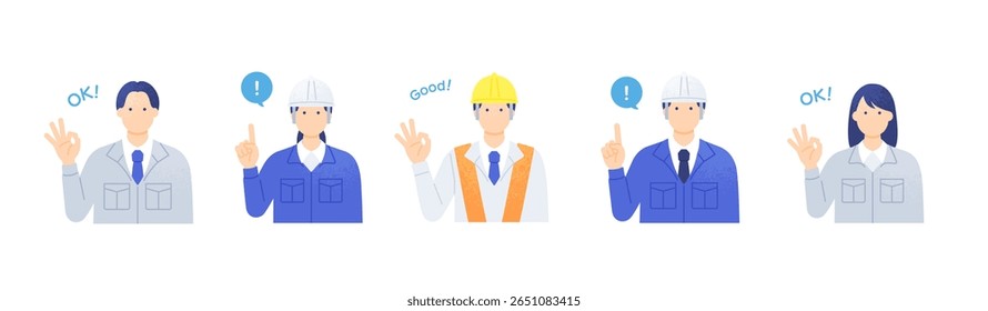 Gestos de segurança positivos por equipe de construção — símbolo OK e ilustração vetorial de apontamento