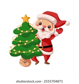 Positive Santa dancing near Christmas tree flat color vector character. Happy Saint Nicholas with traditional holiday decor illustration on white