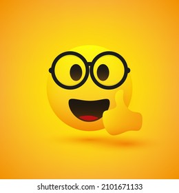 Positive, Satisfied, Happy Winking Nerd Male Emoji with Rounded Glasses Showing Thumbs Up - Vector Emoticon Design for Web and Apps on Yellow Background