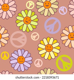 Positive seamless pattern with symbol of peace and smiling flowers. Vintage print for T-shirt, textile and fabric. Hand drawn vector illustration for decor and design.
