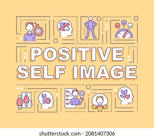 Positive self image word concepts banner. Optimistic personal view. Infographics with linear icons on yellow background. Isolated creative typography. Vector outline color illustration with text