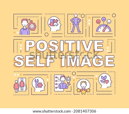 Positive self image word concepts banner. Optimistic personal view. Infographics with linear icons on yellow background. Isolated creative typography. Vector outline color illustration with text